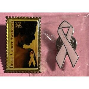 Breast Cancer Awareness Postage Stamp & Pink Ribbon 2 Lapel Pins 1-old,1-New
